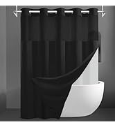 SORTTO No Hook Slub Textured Shower Curtain with Snap in Liner - Black Fabric Outer Curtain & Wat...