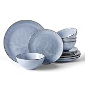 Famiware Dinnerware Sets for 4, Ocean Round 12-Piece Kitchen Plates and Bowls Sets, Reactive Glaz...