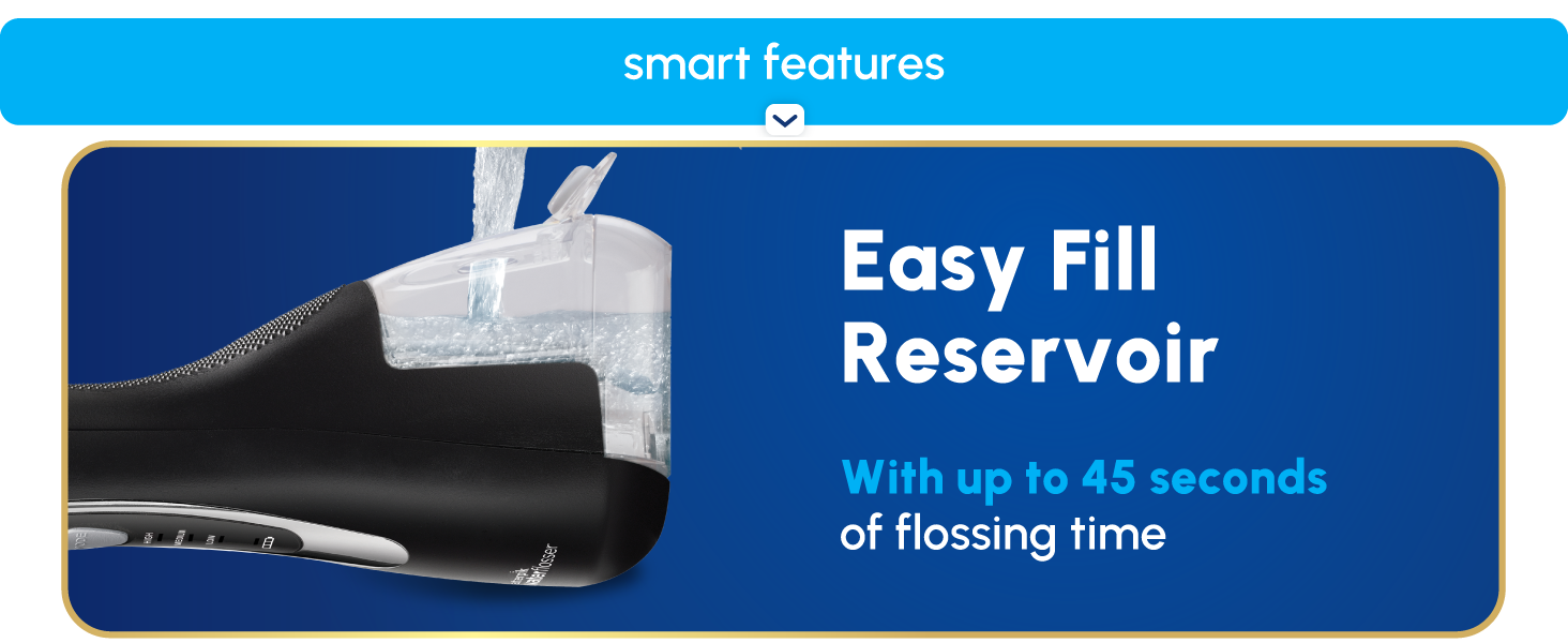 Image of filling Waterpik Cordless Advanced reservoir with text reading easy fill reservoir.