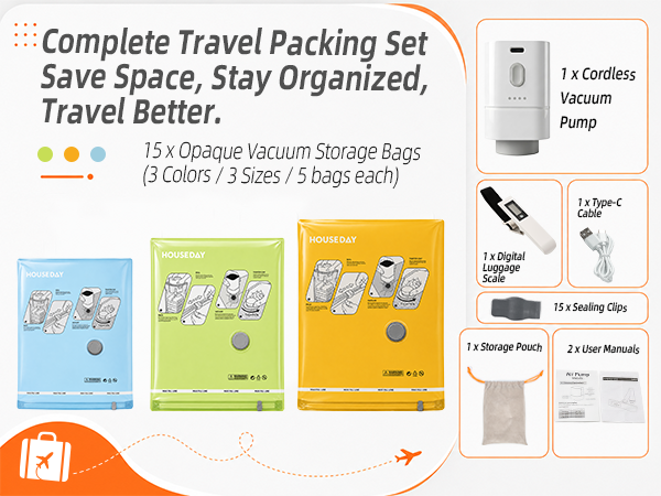 Complete Travel Packing Set Save Space, Stay Organized, Travel Better.Vacuum Storage Bags