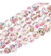 PH PandaHall 60pcs 8~10mm Rose Lampwork Beads Gold Sand Glass Beads Handmade Flower Glass Beads R...