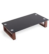 Black Glass Computer Monitor Stand Riser with Wooden Base for Flat Screen LCD, LED TV, Laptop, Pr...