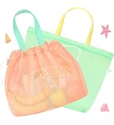 Tagitary Beach Toys Kids Beach Bag Tote with Drawstring, Orange Green Mesh Bag Travel Beach Essen...