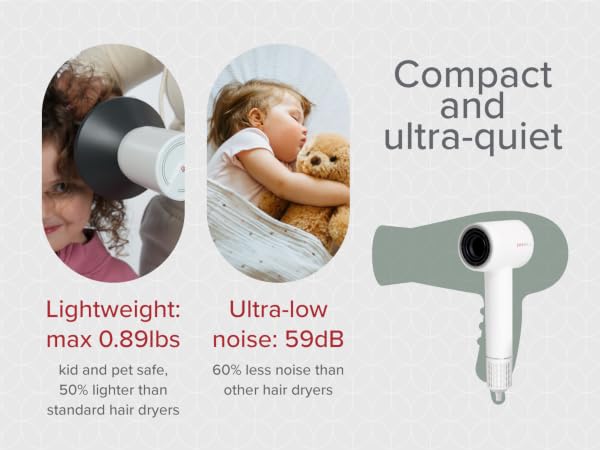Compact lightweight ultra quiet 50% lighter 60% less noise than standard hair dryers