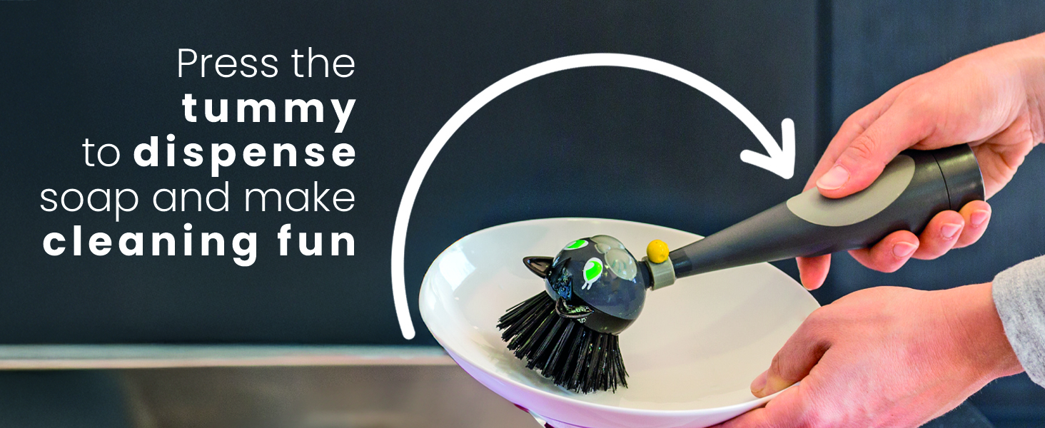 Built-in soap dispenser releases detergent directly into the bristles, just press the cat's belly