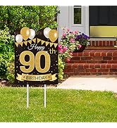 Large Happy 90th Birthday Party Yard Sign Black Gold 90 Birthday Yard Signs with Stakes and Outdo...