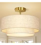 OUTON 16" Semi Flush Mount Ceiling Light Double Drum Gold 3-Light, Modern Linen Fabric Shade Ceil...