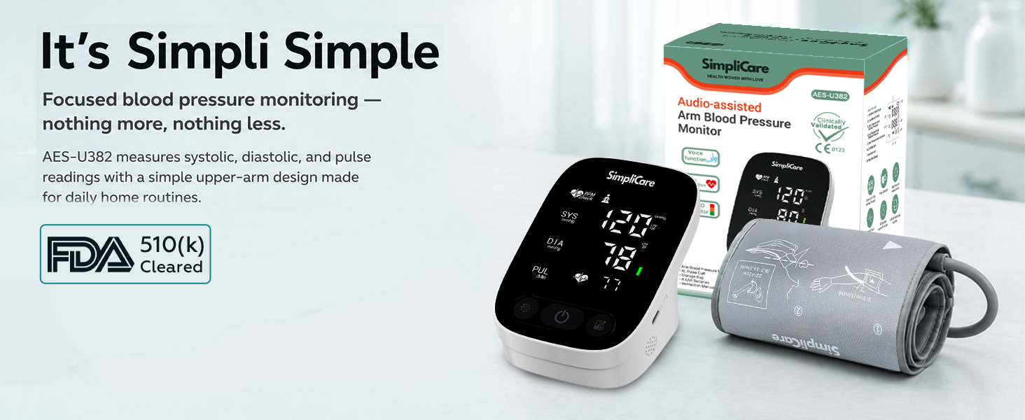 SimpliCare AES-U382 upper arm blood pressure monitor with XL cuff for home use