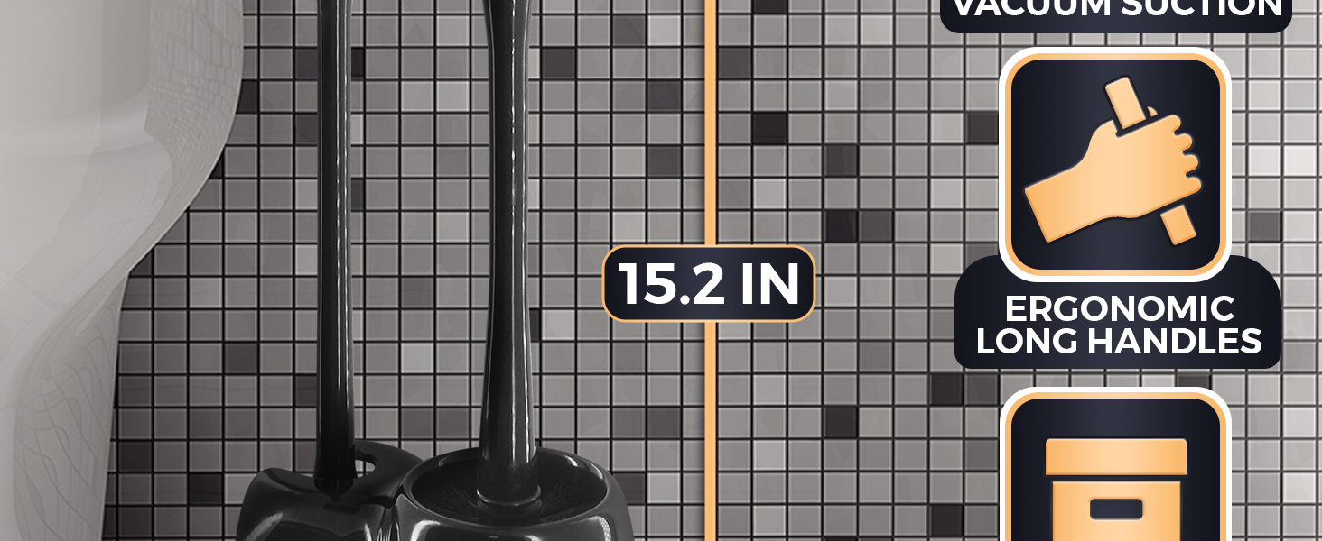Black toilet bowl brush and plunger set sits together in a low holder on a clean tiled floor here