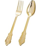 BUCLA 200 Pieces Gold Plastic Silverware - Gold Plastic Forks and Spoons Baroque - Heavy Duty Pla...