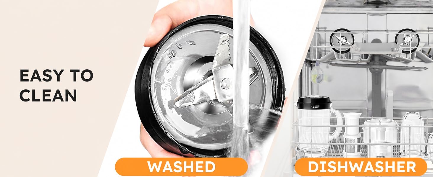 Blender parts rinsed under water and placed in dishwasher for easy cleaning.