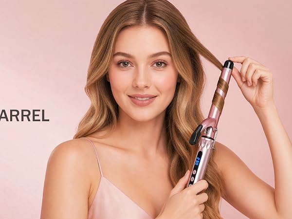 Text reads 'JAETON' and '1.5-Inch EXTENDED-BARREL CURLING IRON'. Woman holding rose-gold curling iron with barrel, demonstrating heated styling tool.