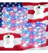 2 Pack 4th of July Decoration Lights - 16.4ft 50 LEDs Red White Blue Battery Fairy Lights with Ti...