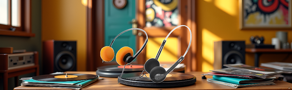 A retro cassette player surrounded by various audio accessories on a wooden surface.