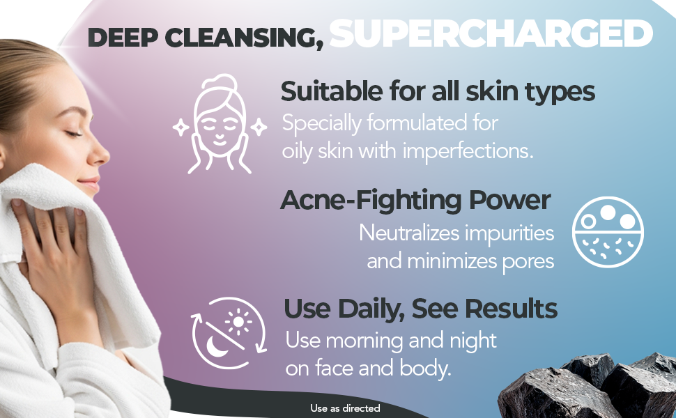 Woman drying face with towel, facial cleanser showing skin care for oily face and body use