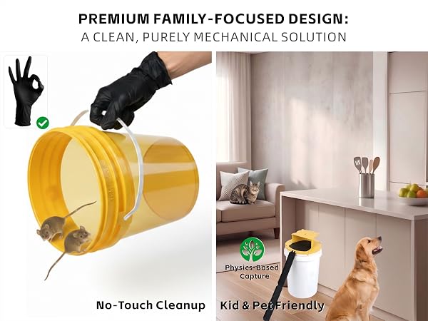 No-touch bucket lid mouse trap. Purely mechanical, kid and pet friendly for safe home use.