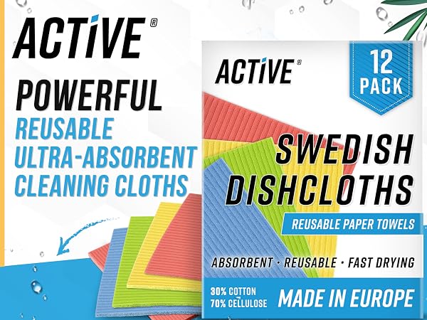 Active Swedish Dishcloths Ultra Absorbent Cleaning Cloth for Kitchen Bulk 12 Pack Reusable Towel