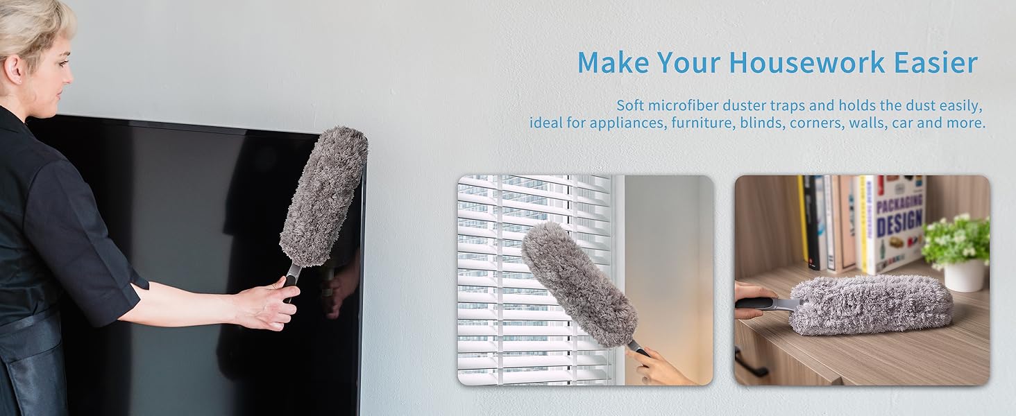 Gray microfiber cleaning mop shown in use on hardwood floors and against baseboards, with text promoting easier housework solutions.