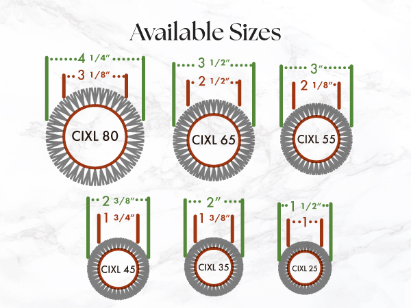 Image of multiple brush diameters with text reading available sizes.