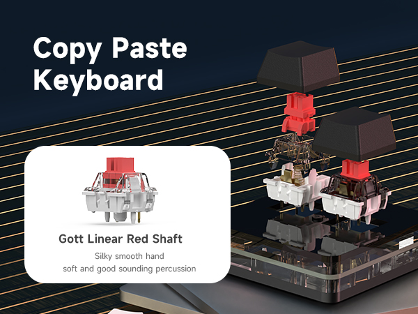 Mechanical keyboard switches on display. Text mentions 'Copy Paste Keyboard' and 'Gott Linear Red Shaft'. Red switch components visible in exploded view.