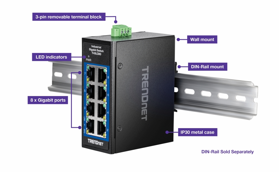 8-Port Industrial Gigabit DIN-Rail Mini Switch