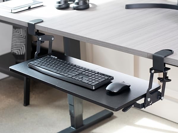 Clamp-on Keyboard Tray with Swinging Height Adjustment
