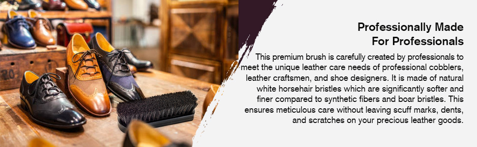 professionally made for professionals black shoe shine brush placed by formal leather