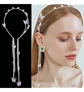 AHONEY Butterfly Rhinestone Headband Gold Head Chain Tassels Rave Vintage Wedding Fairy Crystal H...