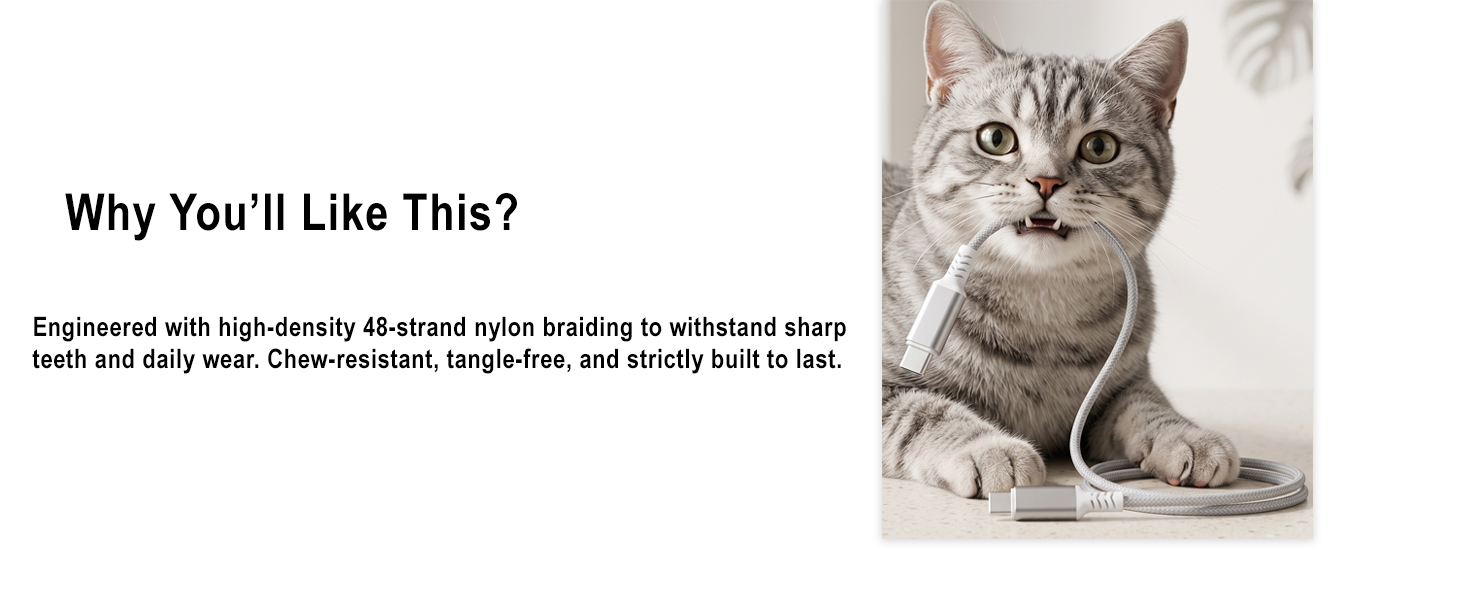 Cat biting the cable demonstrates its chew-resistant 48-strand nylon braiding.