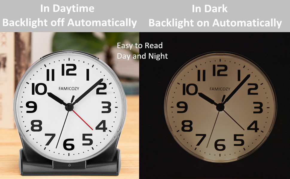 black alarm clock backlighted automatically