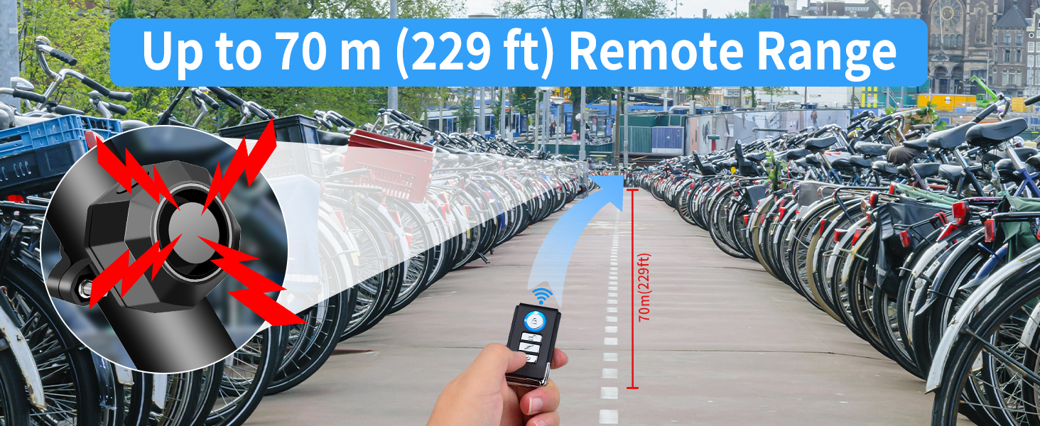 Text reads 'Up to 70 m (229 ft) Remote Range'. Series of images showing a parking area filled with motorcycles and a remote control device demonstration.