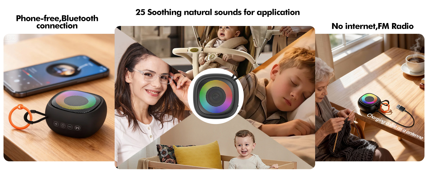 Portable sound machine application ta all age people, with 25 soothing sounds,Bluetooth,FM radio