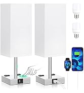 Set of 2 Touch Lamp with USB Port-Nightstand Lamp with USB-C+A Charge Ports& AC Outlets, 3-Way Di...