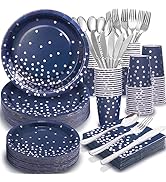 Gudvilla350 PCS Navy Blue Plates and Napkins Party Supplies,Navy Blue Paper Plates with Plastic S...