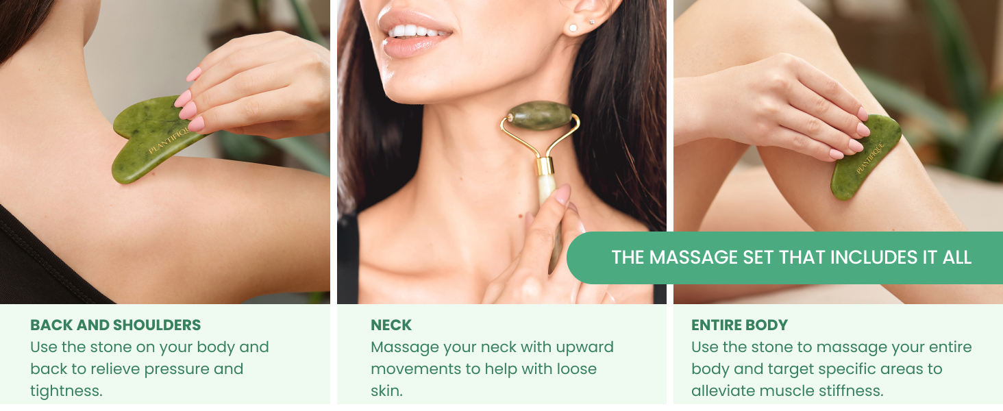 Plantifique Jade gua sha and roller used for body massage on shoulders and neck for tension relief