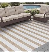 PureCozy Outdoor Waterproof Patio Rug 6x9 Plastic Straw Reversible Lightweight Outside Beige Stri...