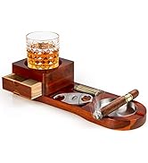 Cigar Ashtray Coaster Whiskey Glass Tray and Cigar Holder, Wooden Ash Tray, Slot to Hold Cigar, C...