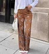 Women's Casual Straight Leg Pearl Embellished Jeans Summer High Waisted Denim Pants with Floral O...