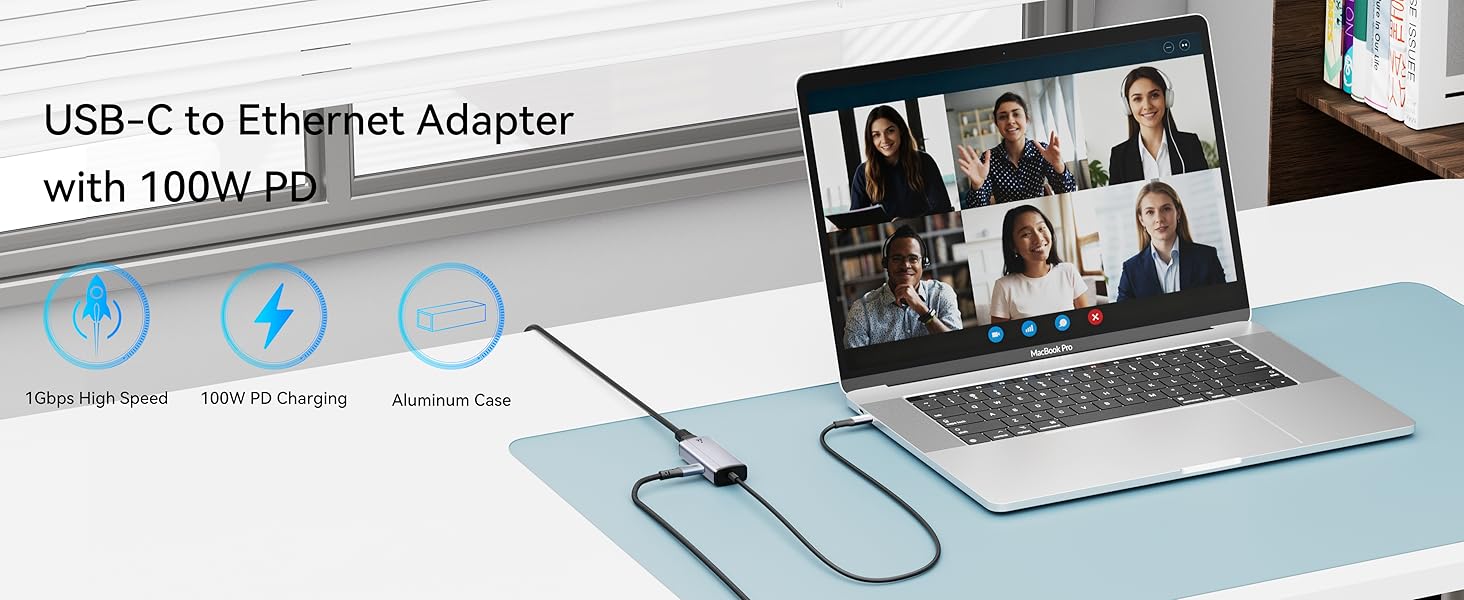 USB-C to Ethernet Adapter with 100W Charging Port