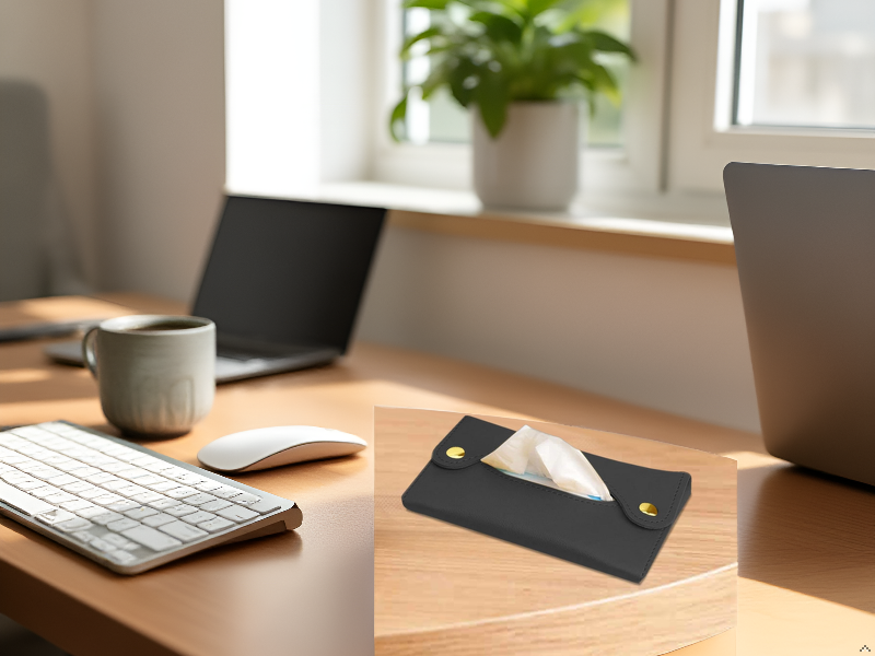 A sleek, modern flat-lay scene featuring a marble surface with a few neatly arranged everyday essent