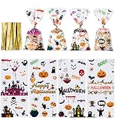 Aegero Halloween Cellophane Treat Bags, 200pcs Trick or Treat Goody Bags with 220pcs Twists for S...