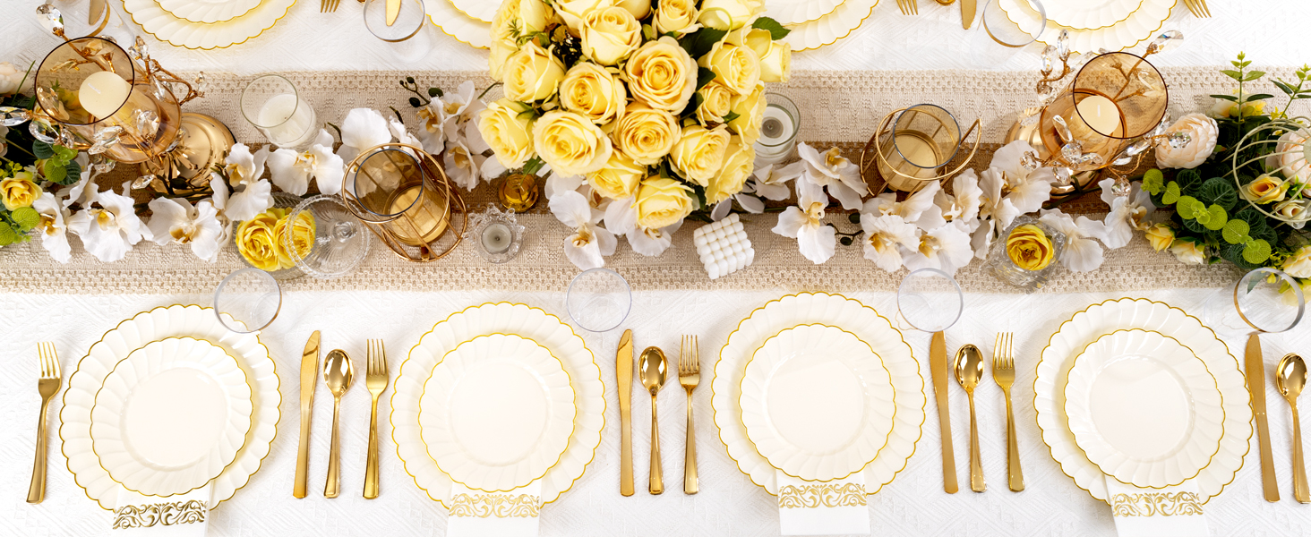100 Pack Ivory Scalloped Plastic Plates - 7.25 Inch/10.25 Inch Gold Disposable Plates with Gold Rim