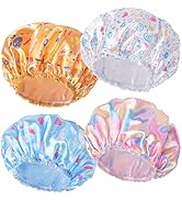 4 PCS Shower Cap for Women, Elastic and Reusable Bath Caps, Double Layers Shower Caps Reusable Wa...