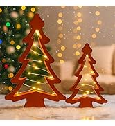 Qoyntuer 2Pack Wooden Tabletop Christmas Trees with Lights, Table Top Christmas Decor, Small Ligh...