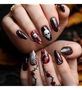 Halloween Goth Press On Nails Long Almond Acrylic Fake Nails Wine Red Black Skull Spider Web Leaf...
