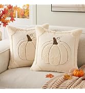 Fall Throw Pillow Covers 18x18 Set of 2 Double-Sided Beige Pumpkin Plush | Faux Fur Covers with r...