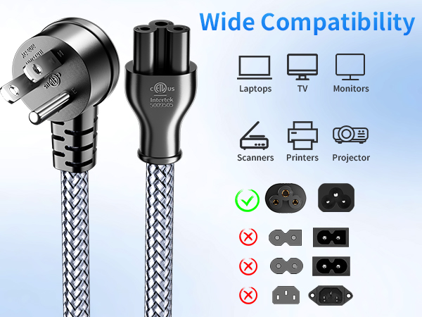 3 Prong Power Cord Replacement Power Cable for Laptops