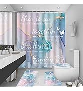 juwute 4Pcs Family Marble Shower Curtain Sets with Rugs,Pink Blue Home Inspirational Bathroom Dec...