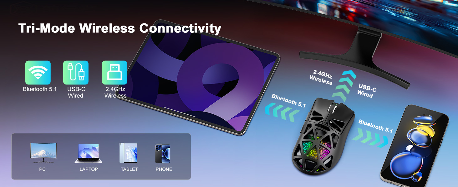 Tri-mode wireless gaming mouse swapping seamlessly between laptop and tablet during work