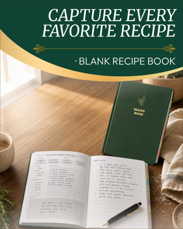 Blank recipe book open on a table for writing favorite recipes.